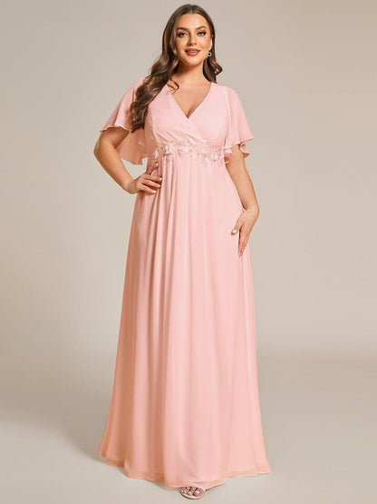 pretty IVYROSE|Plus Size Floral Applique Short Sleeve A-Line Chiffon Formal Evening Dress