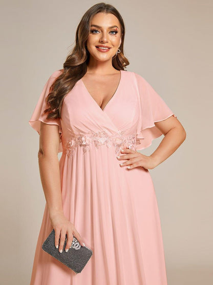 pretty IVYROSE|Plus Size Floral Applique Short Sleeve A-Line Chiffon Formal Evening Dress