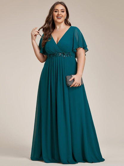 pretty IVYROSE|Plus Size Floral Applique Short Sleeve A-Line Chiffon Formal Evening Dress