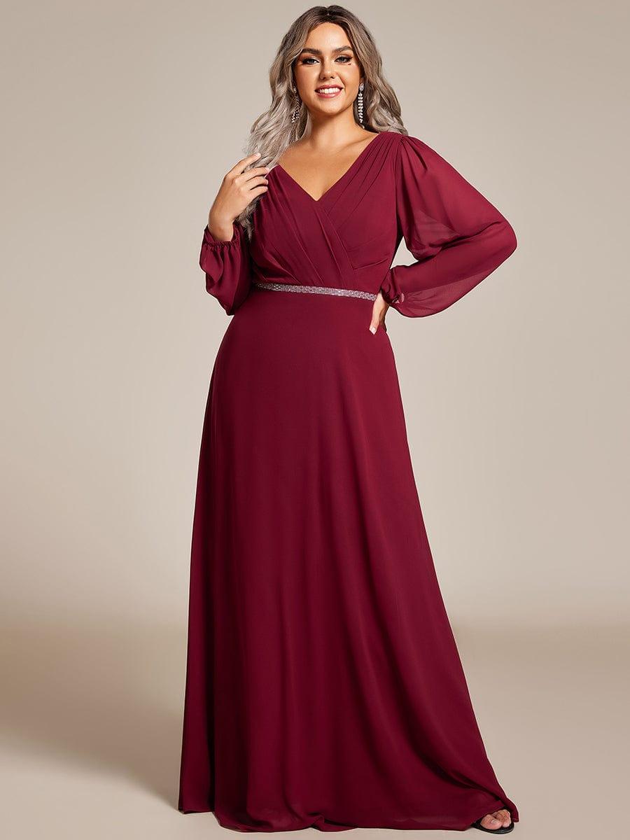 pretty ESMÉE|Plus Size A-Line V-Neck See-Through Long Sleeves Shiny Belt Chiffon Evening Dress