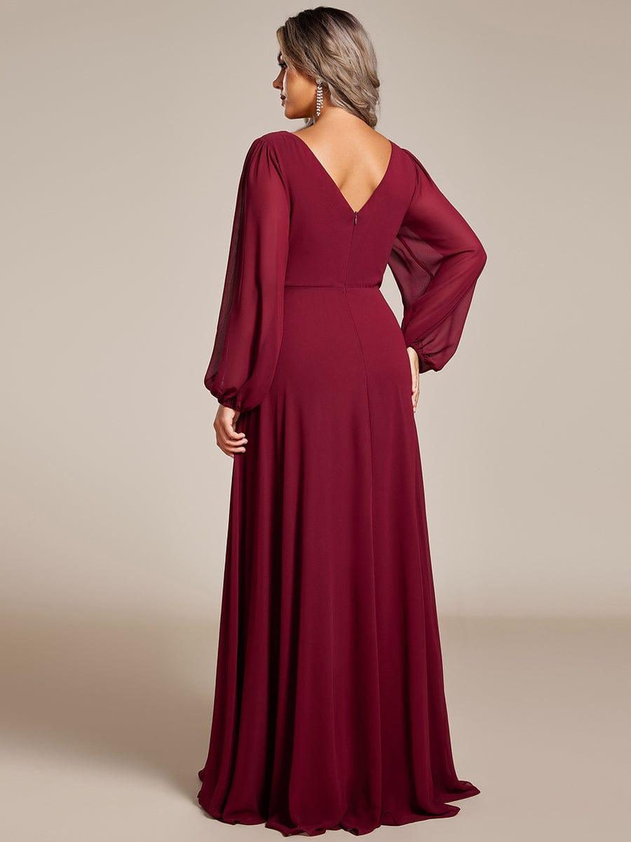 pretty ESMÉE|Plus Size A-Line V-Neck See-Through Long Sleeves Shiny Belt Chiffon Evening Dress