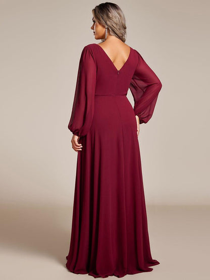 pretty ESMÉE|Plus Size A-Line V-Neck See-Through Long Sleeves Shiny Belt Chiffon Evening Dress