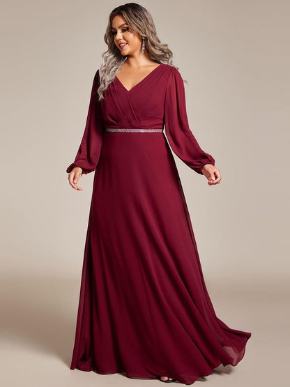 pretty ESMÉE|Plus Size A-Line V-Neck See-Through Long Sleeves Shiny Belt Chiffon Evening Dress