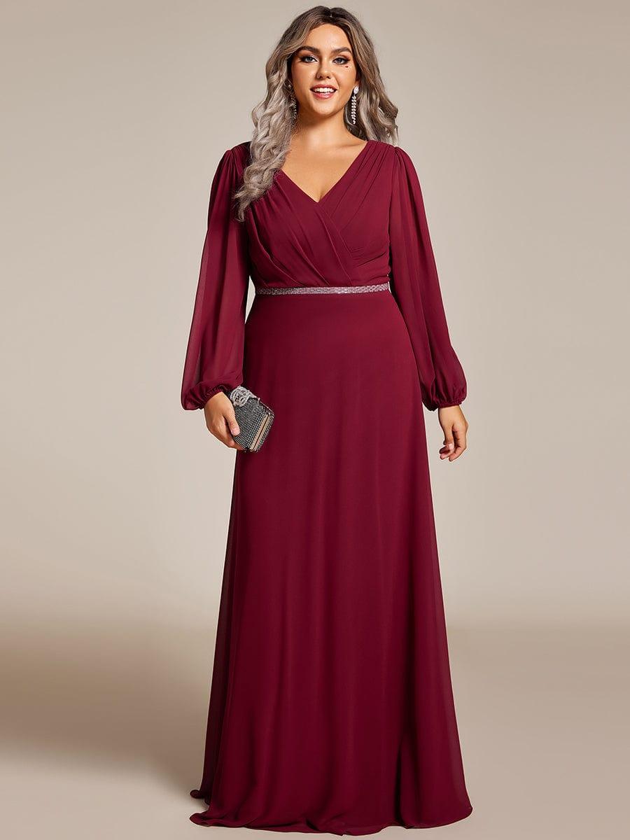 pretty ESMÉE|Plus Size A-Line V-Neck See-Through Long Sleeves Shiny Belt Chiffon Evening Dress