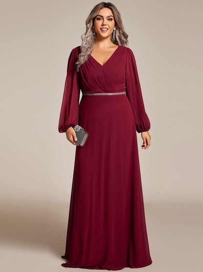 pretty ESMÉE|Plus Size A-Line V-Neck See-Through Long Sleeves Shiny Belt Chiffon Evening Dress