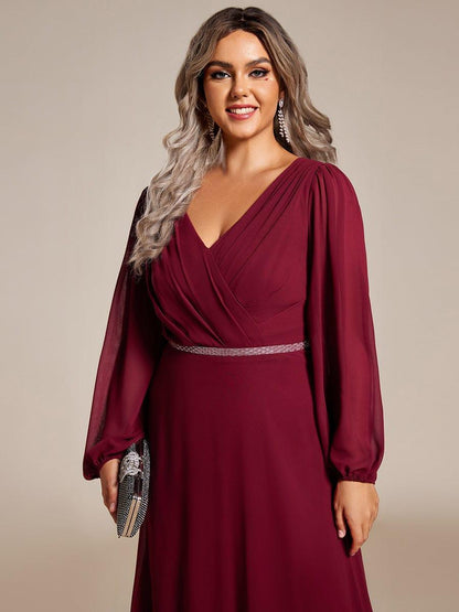 pretty ESMÉE|Plus Size A-Line V-Neck See-Through Long Sleeves Shiny Belt Chiffon Evening Dress