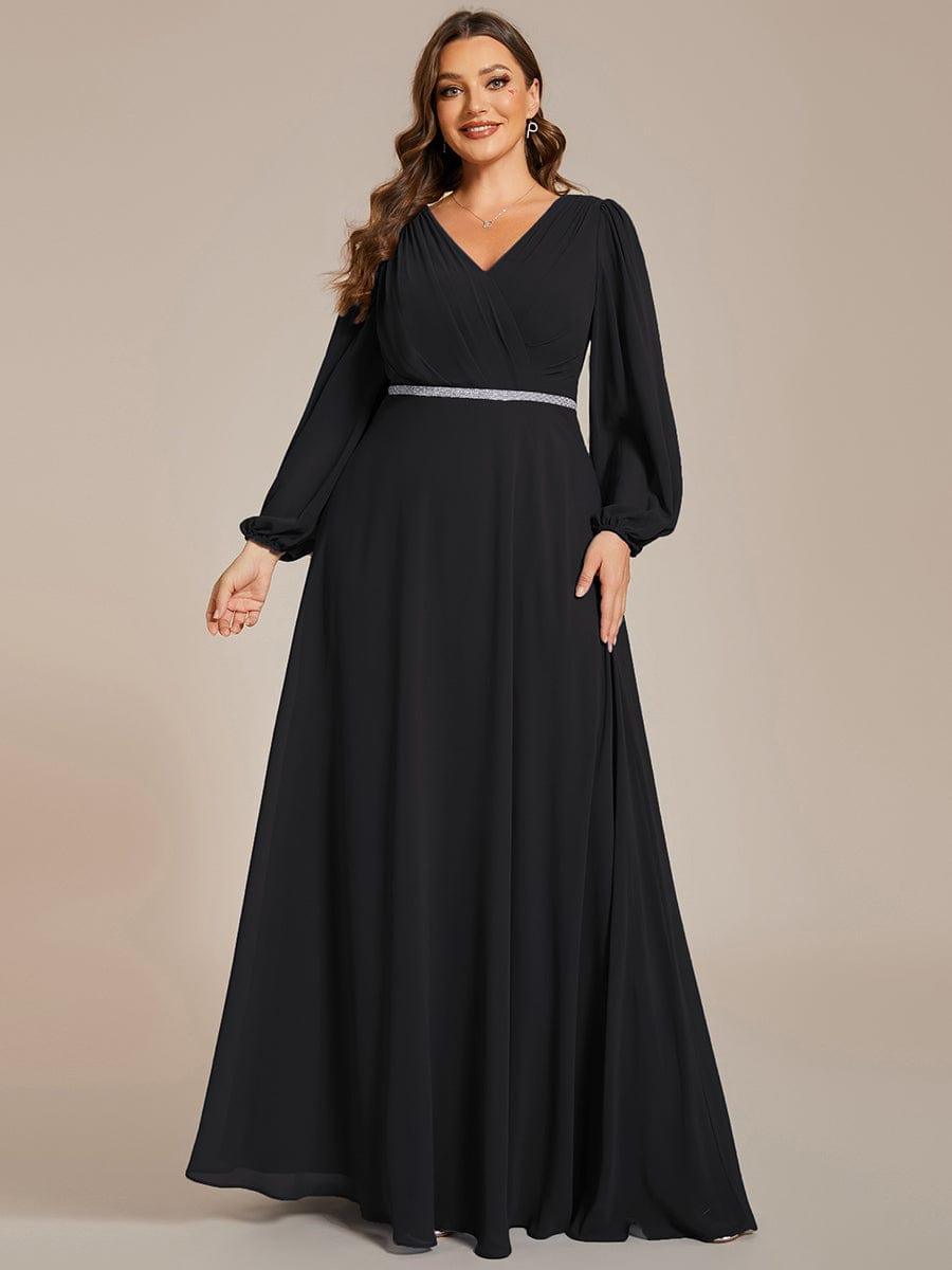pretty ESMÉE|Plus Size A-Line V-Neck See-Through Long Sleeves Shiny Belt Chiffon Evening Dress
