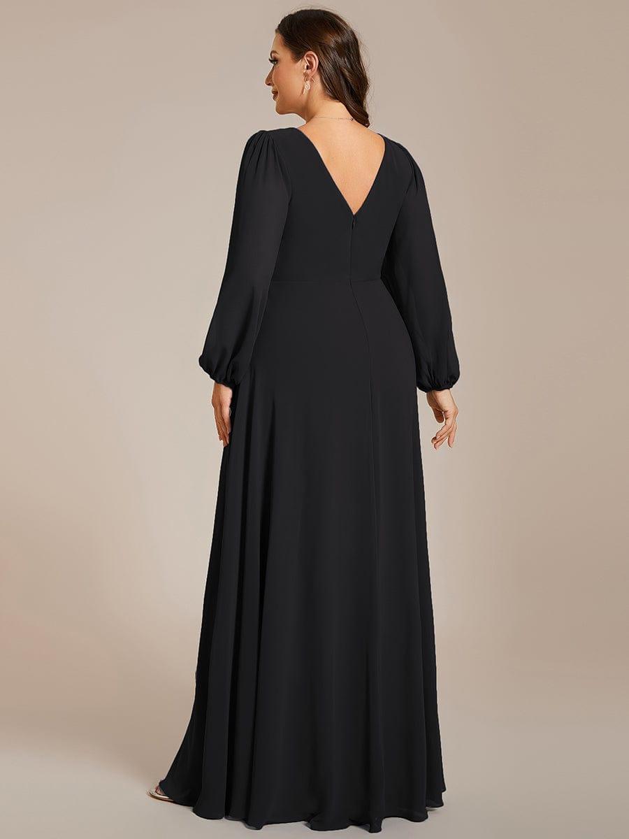 pretty ESMÉE|Plus Size A-Line V-Neck See-Through Long Sleeves Shiny Belt Chiffon Evening Dress