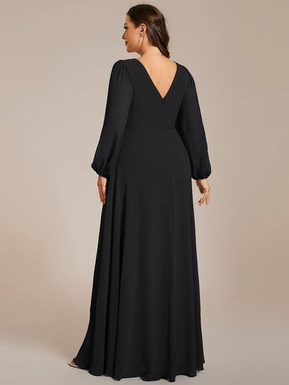 pretty ESMÉE|Plus Size A-Line V-Neck See-Through Long Sleeves Shiny Belt Chiffon Evening Dress