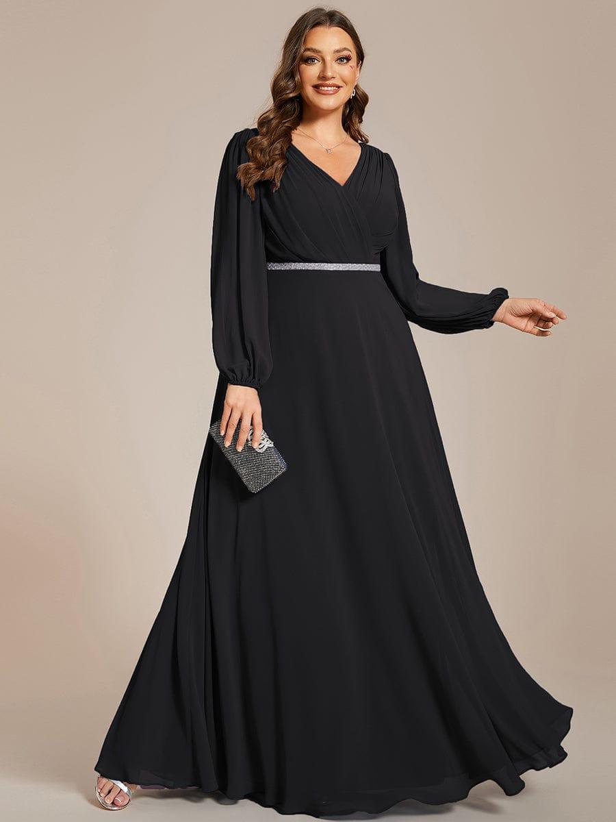 pretty ESMÉE|Plus Size A-Line V-Neck See-Through Long Sleeves Shiny Belt Chiffon Evening Dress