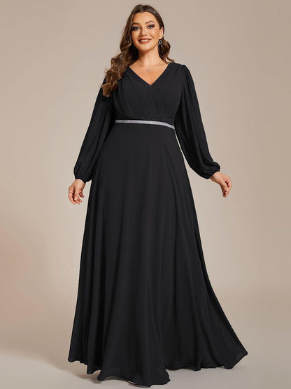 pretty ESMÉE|Plus Size A-Line V-Neck See-Through Long Sleeves Shiny Belt Chiffon Evening Dress