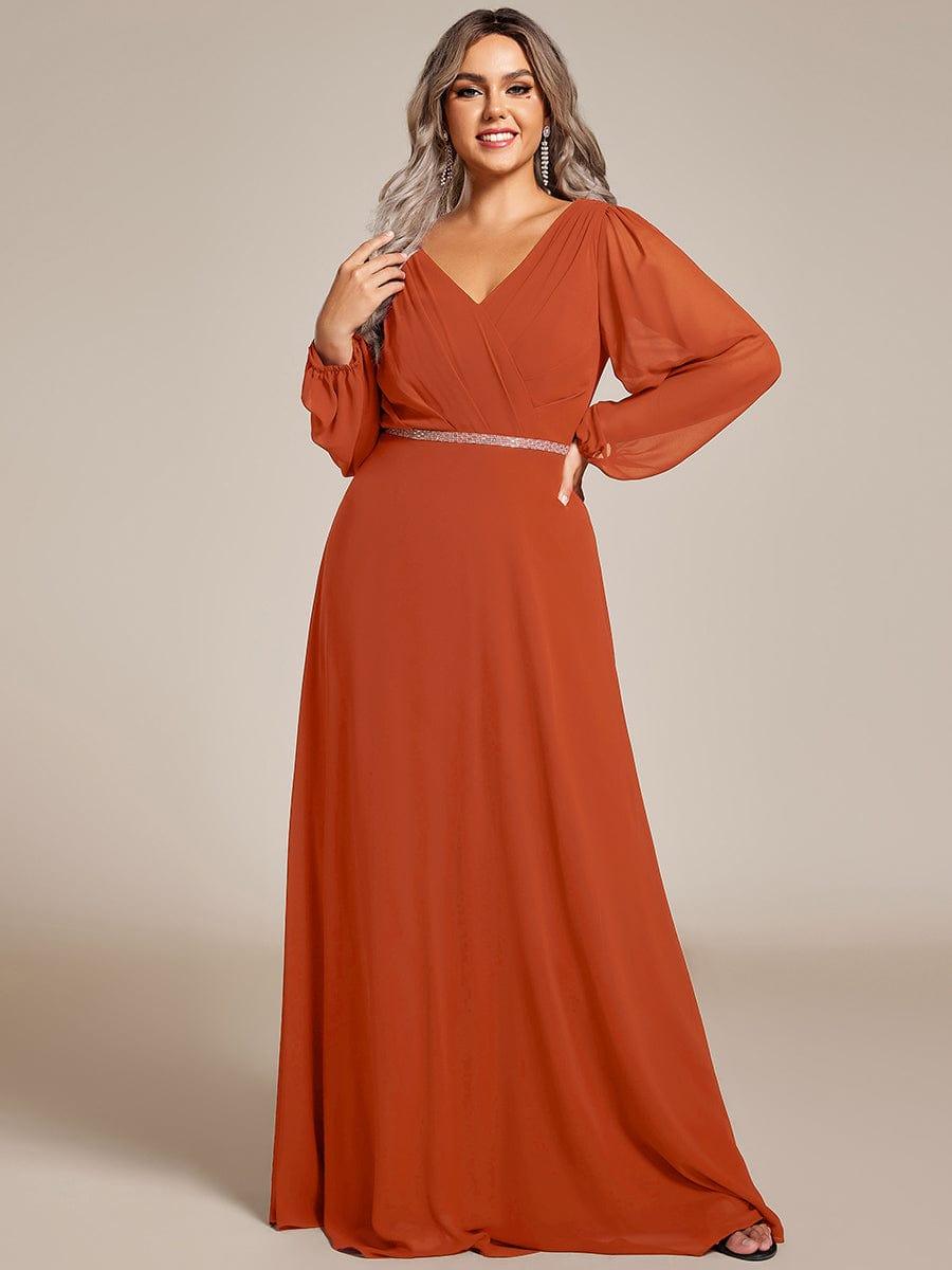 pretty ESMÉE|Plus Size A-Line V-Neck See-Through Long Sleeves Shiny Belt Chiffon Evening Dress