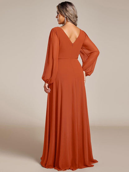pretty ESMÉE|Plus Size A-Line V-Neck See-Through Long Sleeves Shiny Belt Chiffon Evening Dress