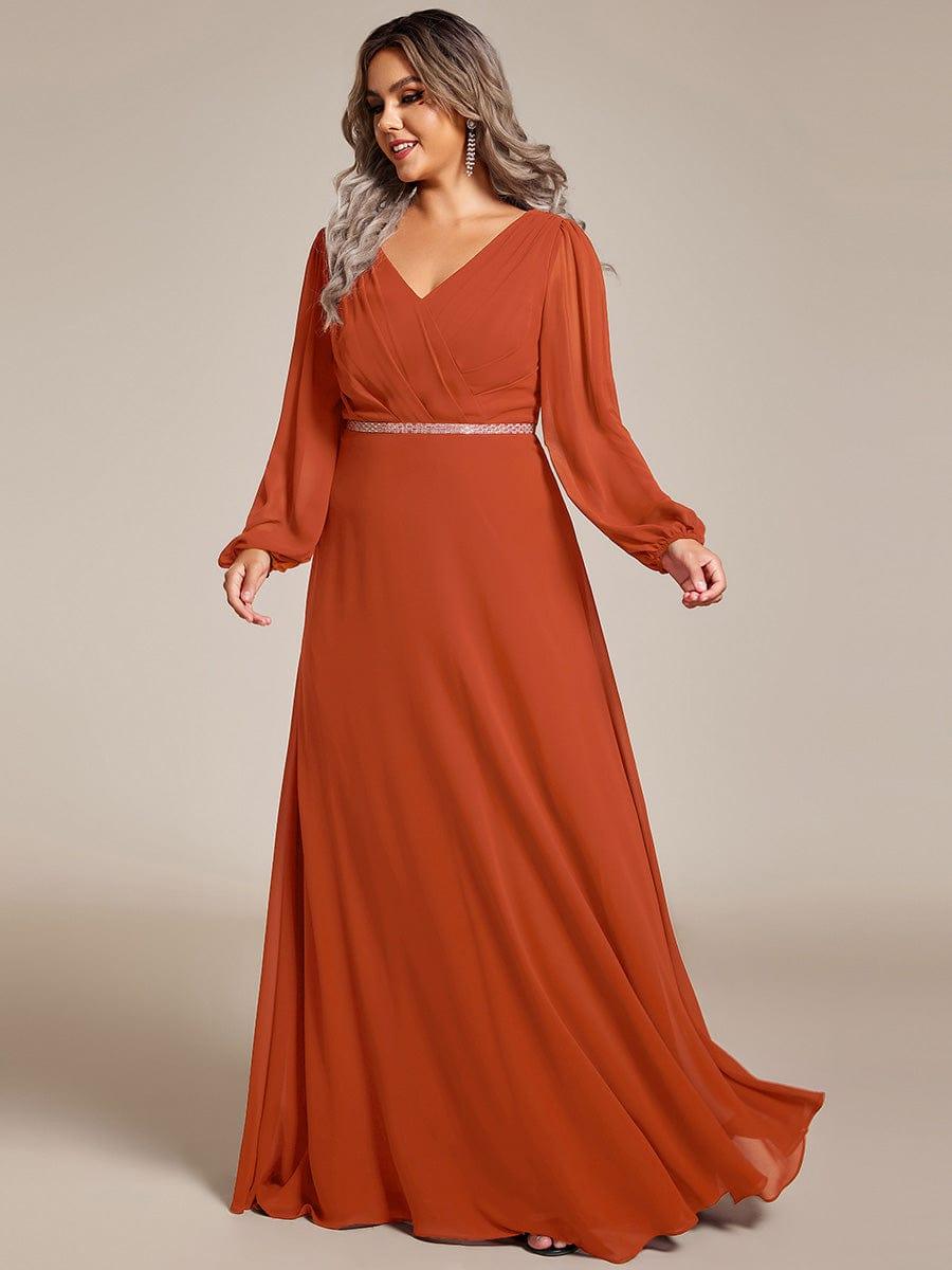 pretty ESMÉE|Plus Size A-Line V-Neck See-Through Long Sleeves Shiny Belt Chiffon Evening Dress
