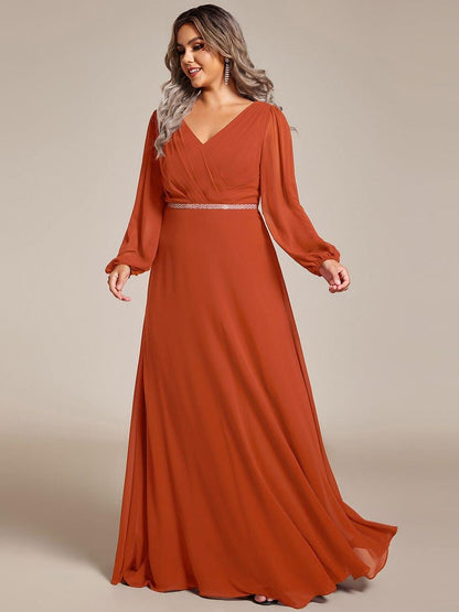 pretty ESMÉE|Plus Size A-Line V-Neck See-Through Long Sleeves Shiny Belt Chiffon Evening Dress