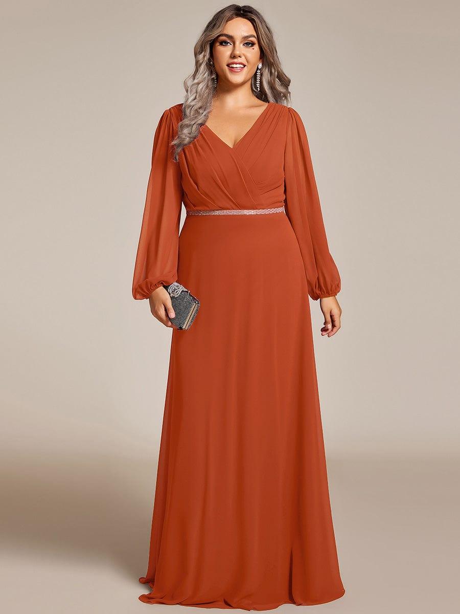 pretty ESMÉE|Plus Size A-Line V-Neck See-Through Long Sleeves Shiny Belt Chiffon Evening Dress