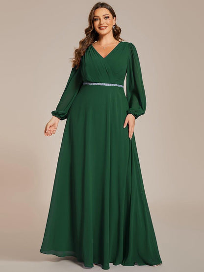 pretty ESMÉE|Plus Size A-Line V-Neck See-Through Long Sleeves Shiny Belt Chiffon Evening Dress