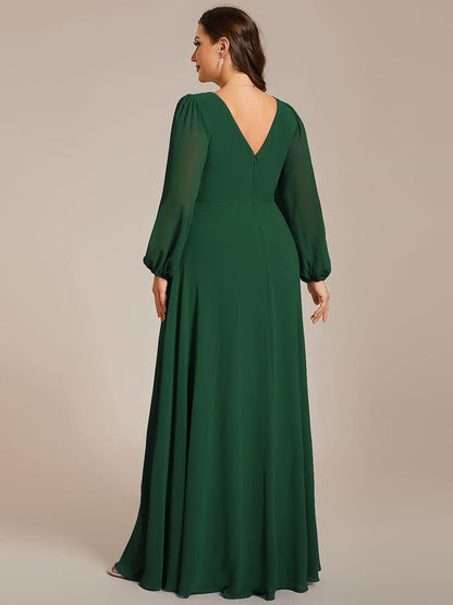 pretty ESMÉE|Plus Size A-Line V-Neck See-Through Long Sleeves Shiny Belt Chiffon Evening Dress
