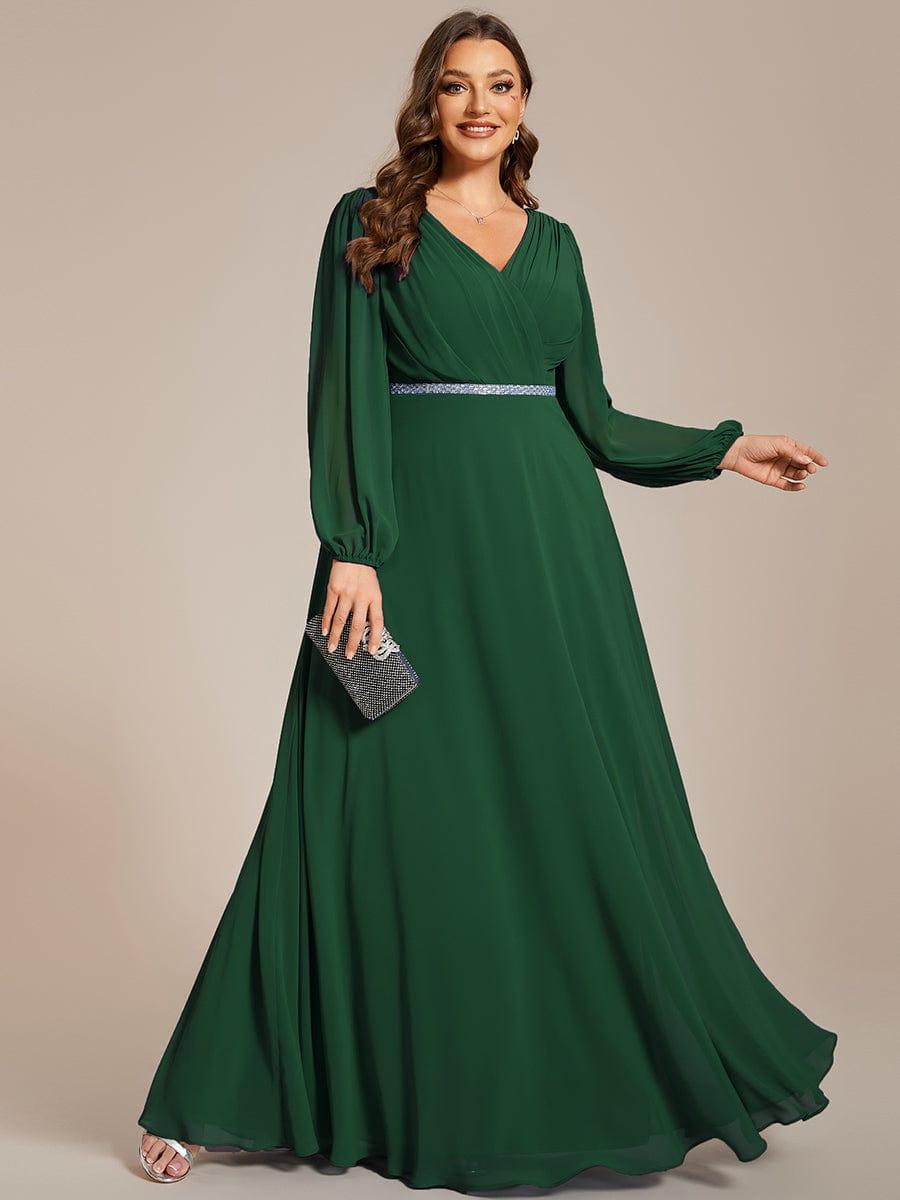 pretty ESMÉE|Plus Size A-Line V-Neck See-Through Long Sleeves Shiny Belt Chiffon Evening Dress