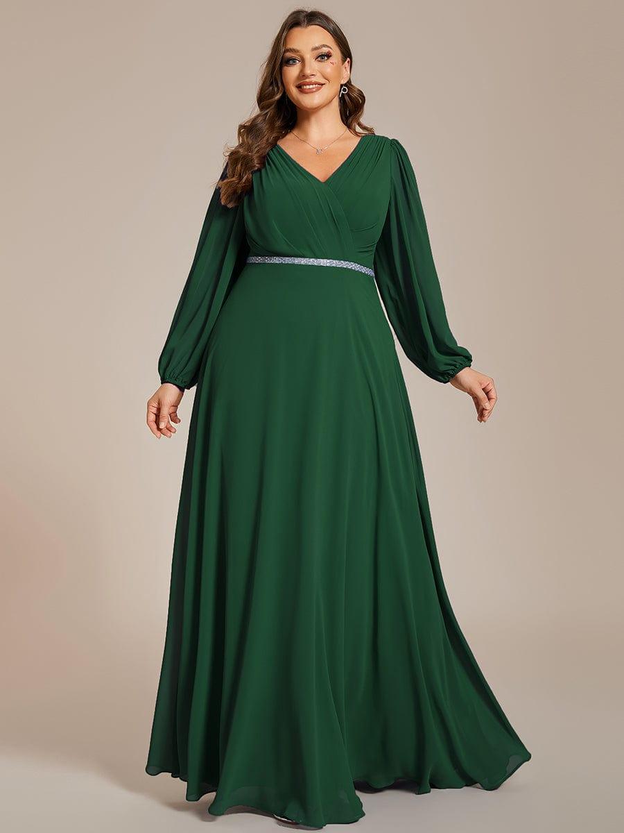 pretty ESMÉE|Plus Size A-Line V-Neck See-Through Long Sleeves Shiny Belt Chiffon Evening Dress