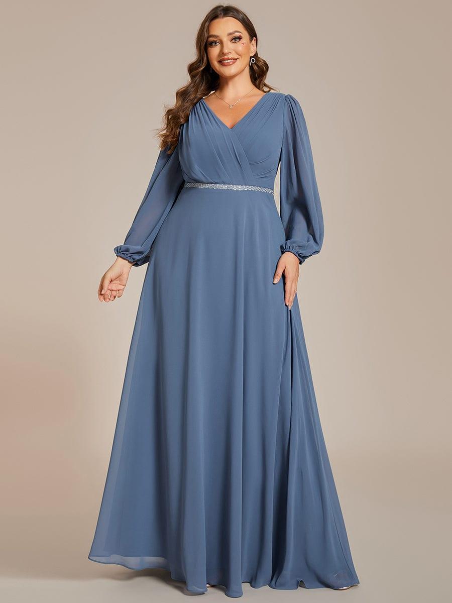 pretty ESMÉE|Plus Size A-Line V-Neck See-Through Long Sleeves Shiny Belt Chiffon Evening Dress
