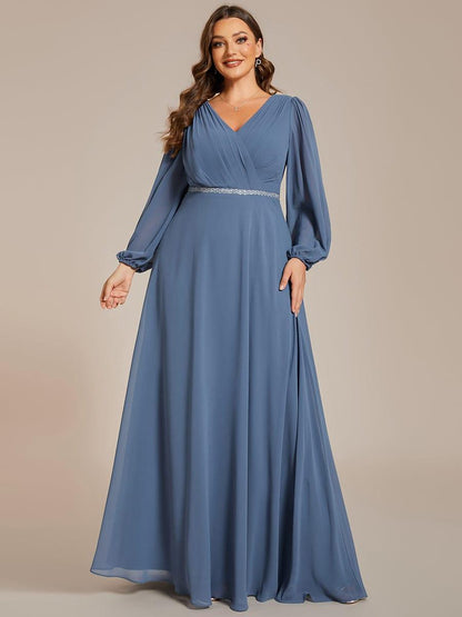 pretty ESMÉE|Plus Size A-Line V-Neck See-Through Long Sleeves Shiny Belt Chiffon Evening Dress