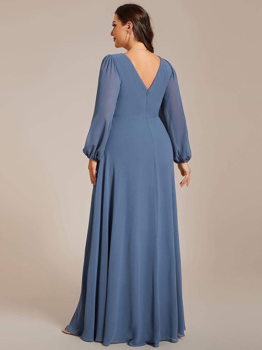 pretty ESMÉE|Plus Size A-Line V-Neck See-Through Long Sleeves Shiny Belt Chiffon Evening Dress