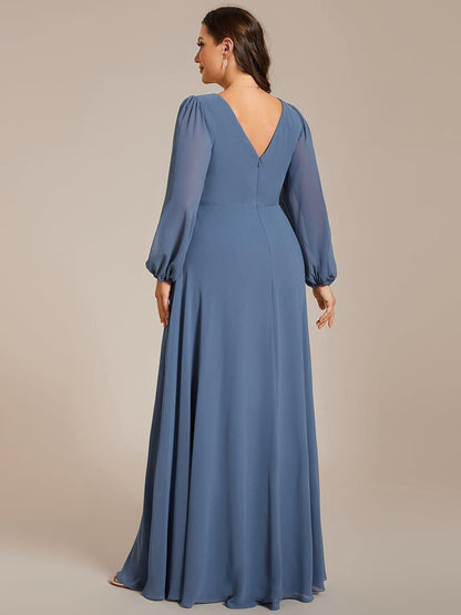 pretty ESMÉE|Plus Size A-Line V-Neck See-Through Long Sleeves Shiny Belt Chiffon Evening Dress