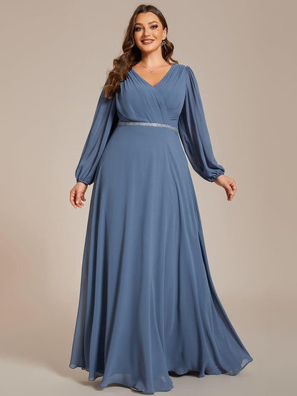 pretty ESMÉE|Plus Size A-Line V-Neck See-Through Long Sleeves Shiny Belt Chiffon Evening Dress
