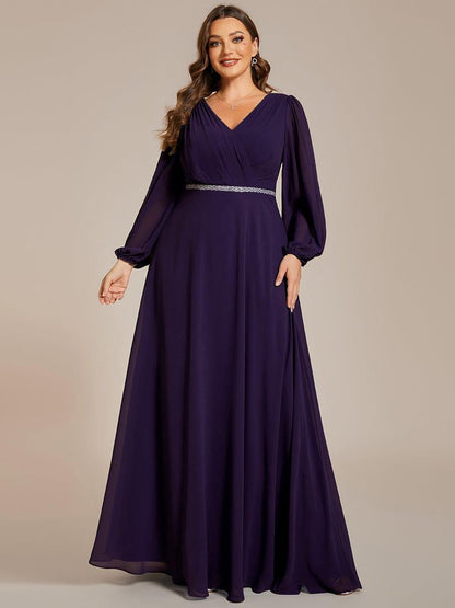 pretty ESMÉE|Plus Size A-Line V-Neck See-Through Long Sleeves Shiny Belt Chiffon Evening Dress