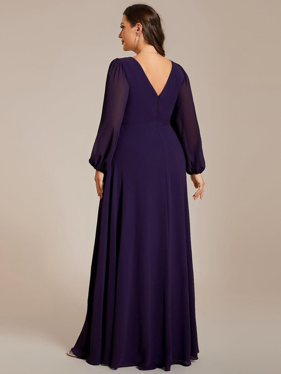 pretty ESMÉE|Plus Size A-Line V-Neck See-Through Long Sleeves Shiny Belt Chiffon Evening Dress