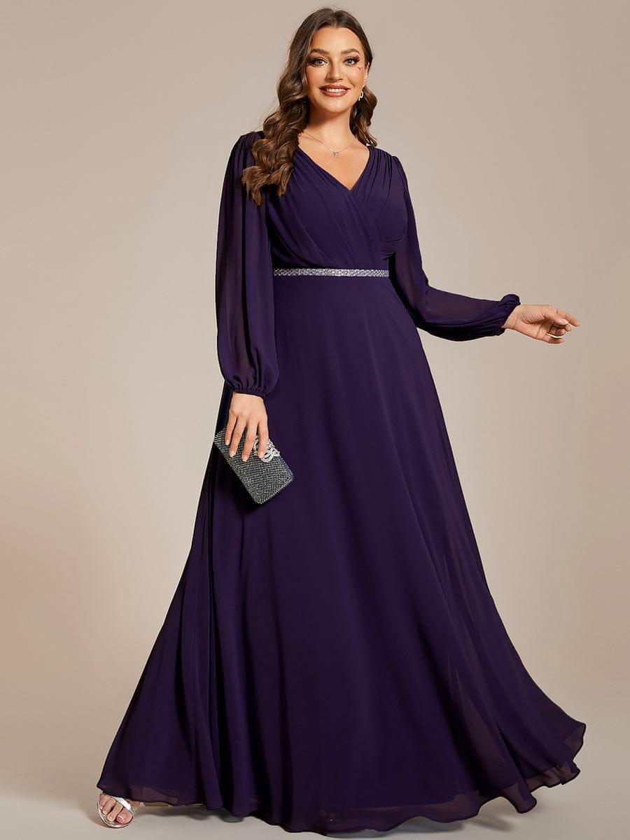 pretty ESMÉE|Plus Size A-Line V-Neck See-Through Long Sleeves Shiny Belt Chiffon Evening Dress