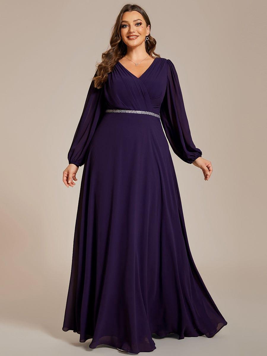 pretty ESMÉE|Plus Size A-Line V-Neck See-Through Long Sleeves Shiny Belt Chiffon Evening Dress