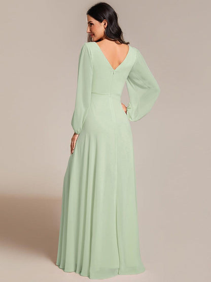 pretty ESMÉE|Plus Size A-Line V-Neck See-Through Long Sleeves Shiny Belt Chiffon Evening Dress