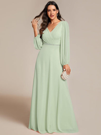 pretty ESMÉE|Plus Size A-Line V-Neck See-Through Long Sleeves Shiny Belt Chiffon Evening Dress
