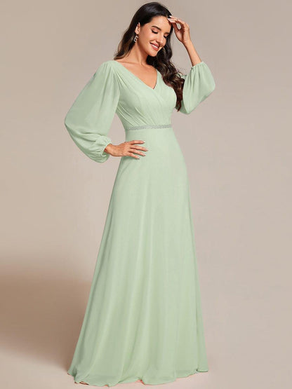 pretty ESMÉE|Plus Size A-Line V-Neck See-Through Long Sleeves Shiny Belt Chiffon Evening Dress