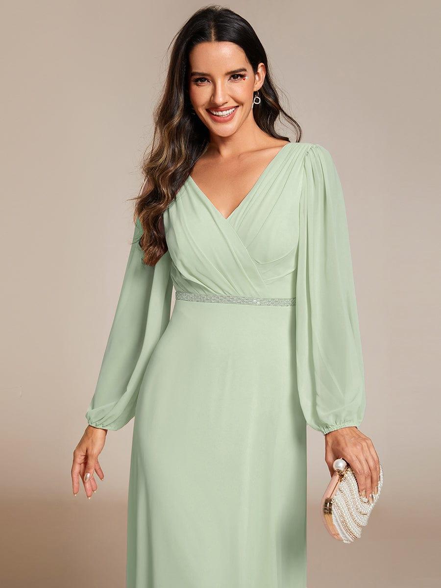 pretty ESMÉE|Plus Size A-Line V-Neck See-Through Long Sleeves Shiny Belt Chiffon Evening Dress