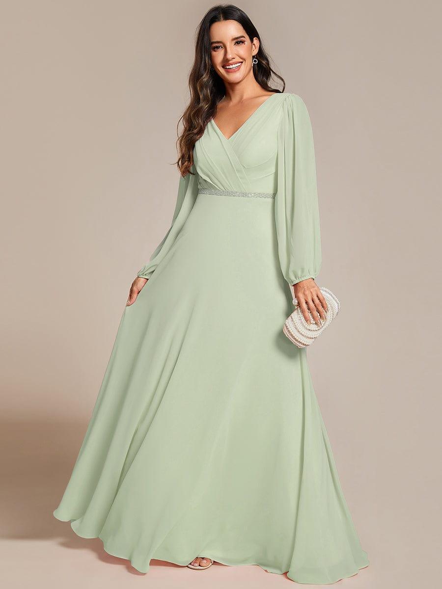 pretty ESMÉE|Plus Size A-Line V-Neck See-Through Long Sleeves Shiny Belt Chiffon Evening Dress