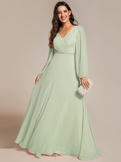 pretty ESMÉE|Plus Size A-Line V-Neck See-Through Long Sleeves Shiny Belt Chiffon Evening Dress