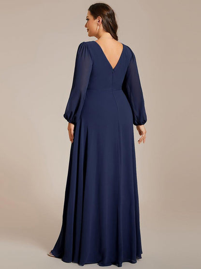pretty ESMÉE|Plus Size A-Line V-Neck See-Through Long Sleeves Shiny Belt Chiffon Evening Dress