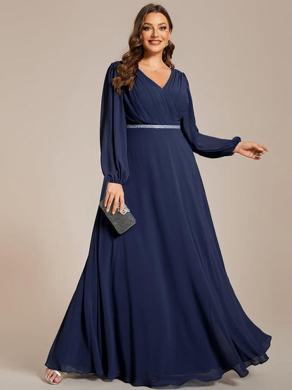 pretty ESMÉE|Plus Size A-Line V-Neck See-Through Long Sleeves Shiny Belt Chiffon Evening Dress
