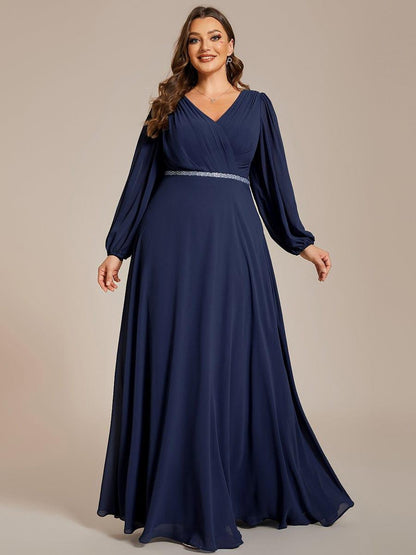 pretty ESMÉE|Plus Size A-Line V-Neck See-Through Long Sleeves Shiny Belt Chiffon Evening Dress