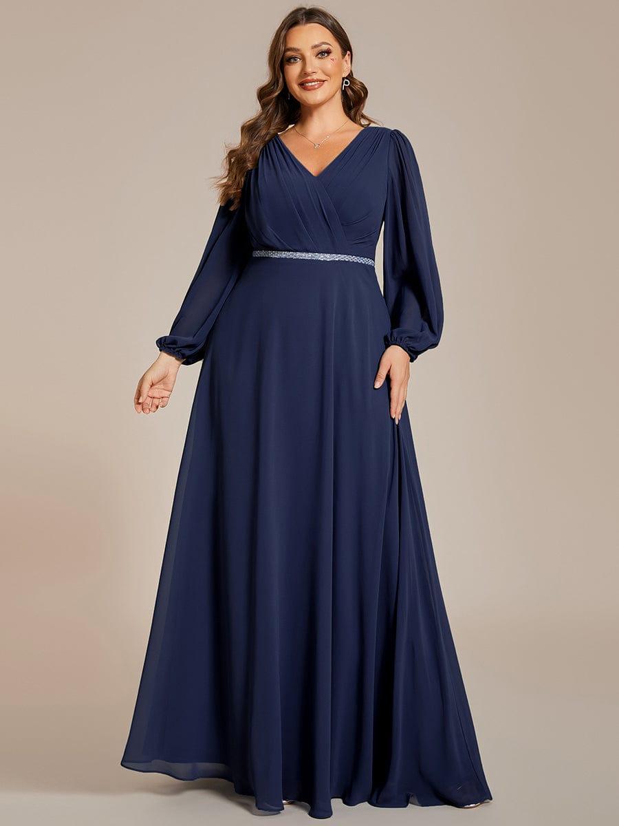 pretty ESMÉE|Plus Size A-Line V-Neck See-Through Long Sleeves Shiny Belt Chiffon Evening Dress