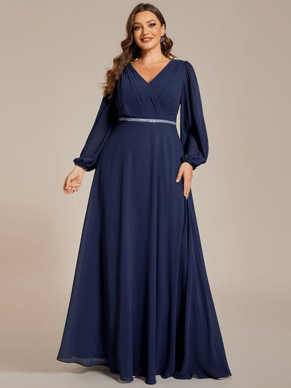 pretty ESMÉE|Plus Size A-Line V-Neck See-Through Long Sleeves Shiny Belt Chiffon Evening Dress