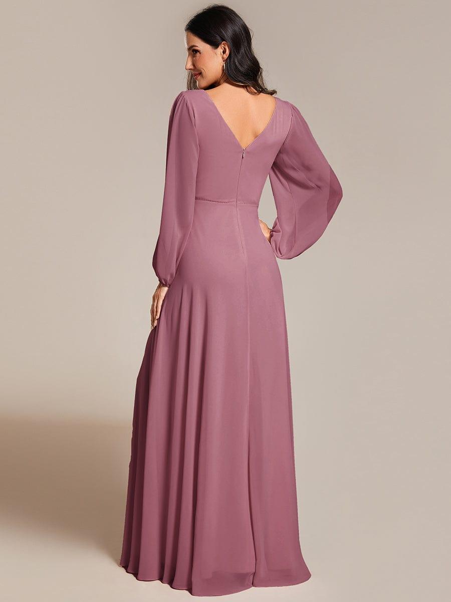 pretty ESMÉE|Plus Size A-Line V-Neck See-Through Long Sleeves Shiny Belt Chiffon Evening Dress