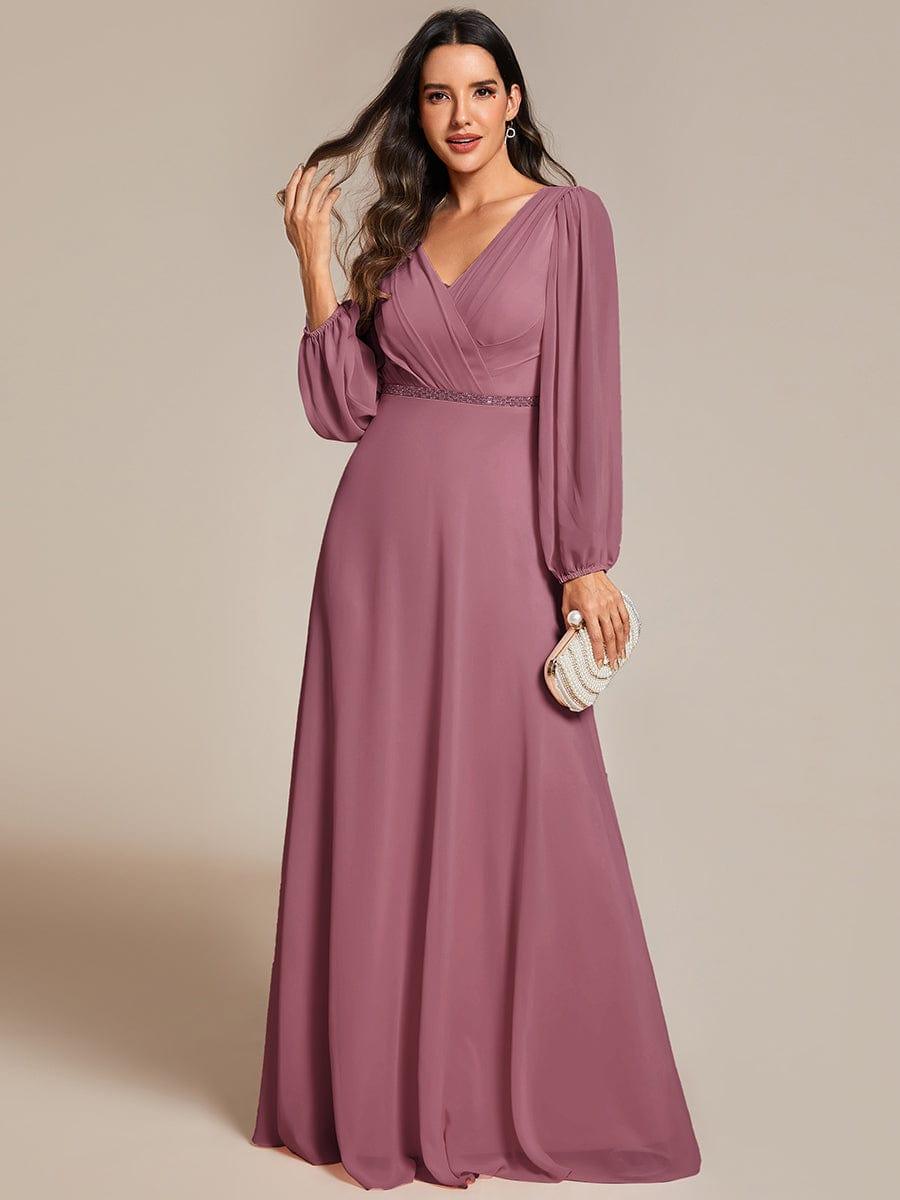 pretty ESMÉE|Plus Size A-Line V-Neck See-Through Long Sleeves Shiny Belt Chiffon Evening Dress