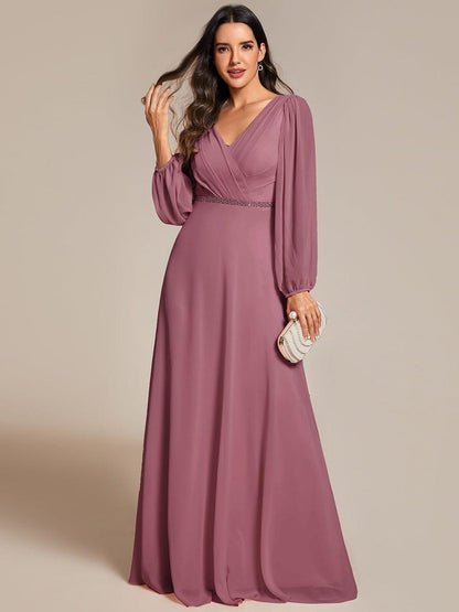 pretty ESMÉE|Plus Size A-Line V-Neck See-Through Long Sleeves Shiny Belt Chiffon Evening Dress