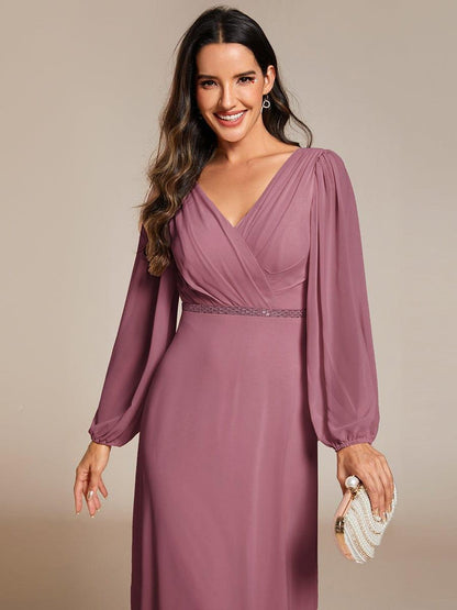 pretty ESMÉE|Plus Size A-Line V-Neck See-Through Long Sleeves Shiny Belt Chiffon Evening Dress