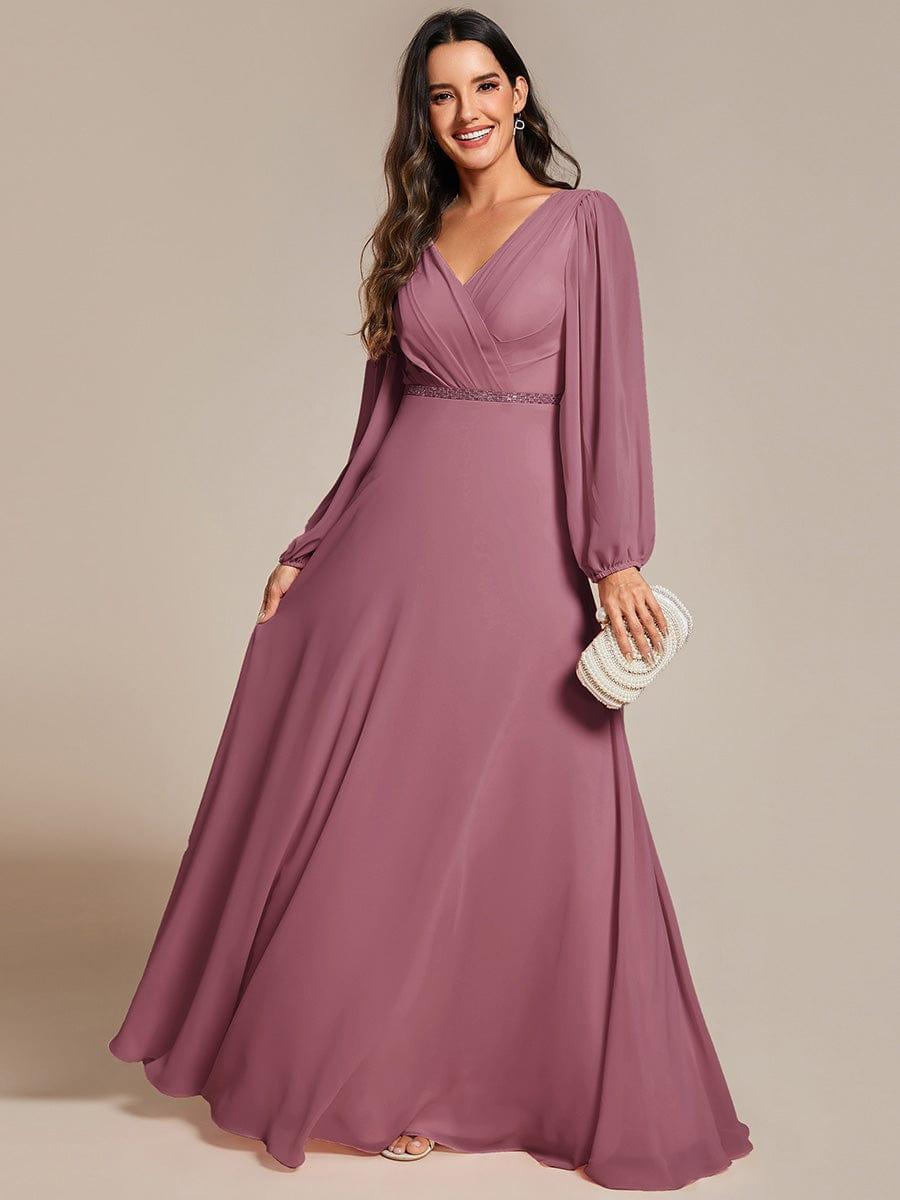 pretty ESMÉE|Plus Size A-Line V-Neck See-Through Long Sleeves Shiny Belt Chiffon Evening Dress