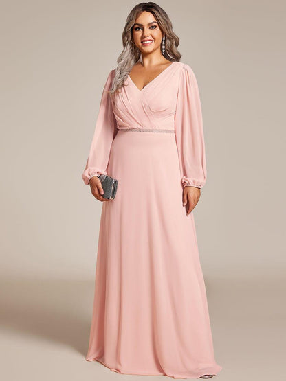 pretty ESMÉE|Plus Size A-Line V-Neck See-Through Long Sleeves Shiny Belt Chiffon Evening Dress